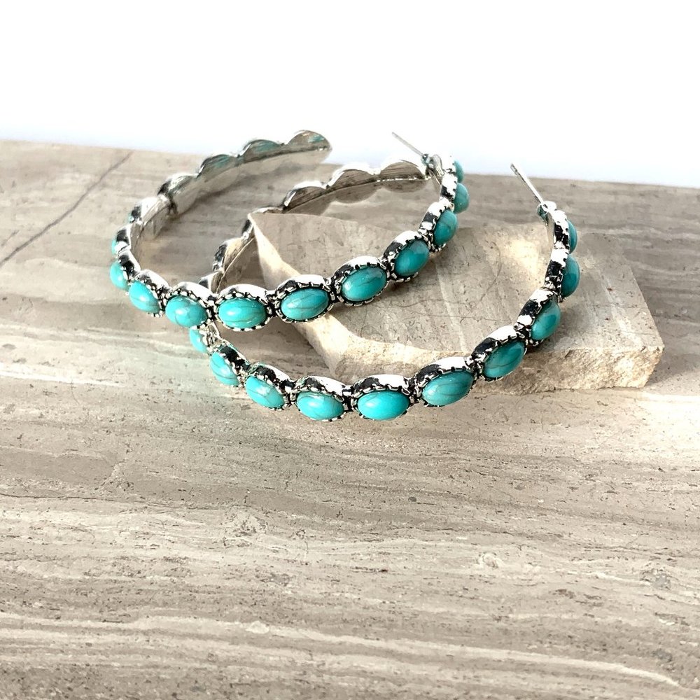 NEW ~ Free People Turquoise Stone "Buckaroo Hoops" Silver Earrings - Picture 10 of 16